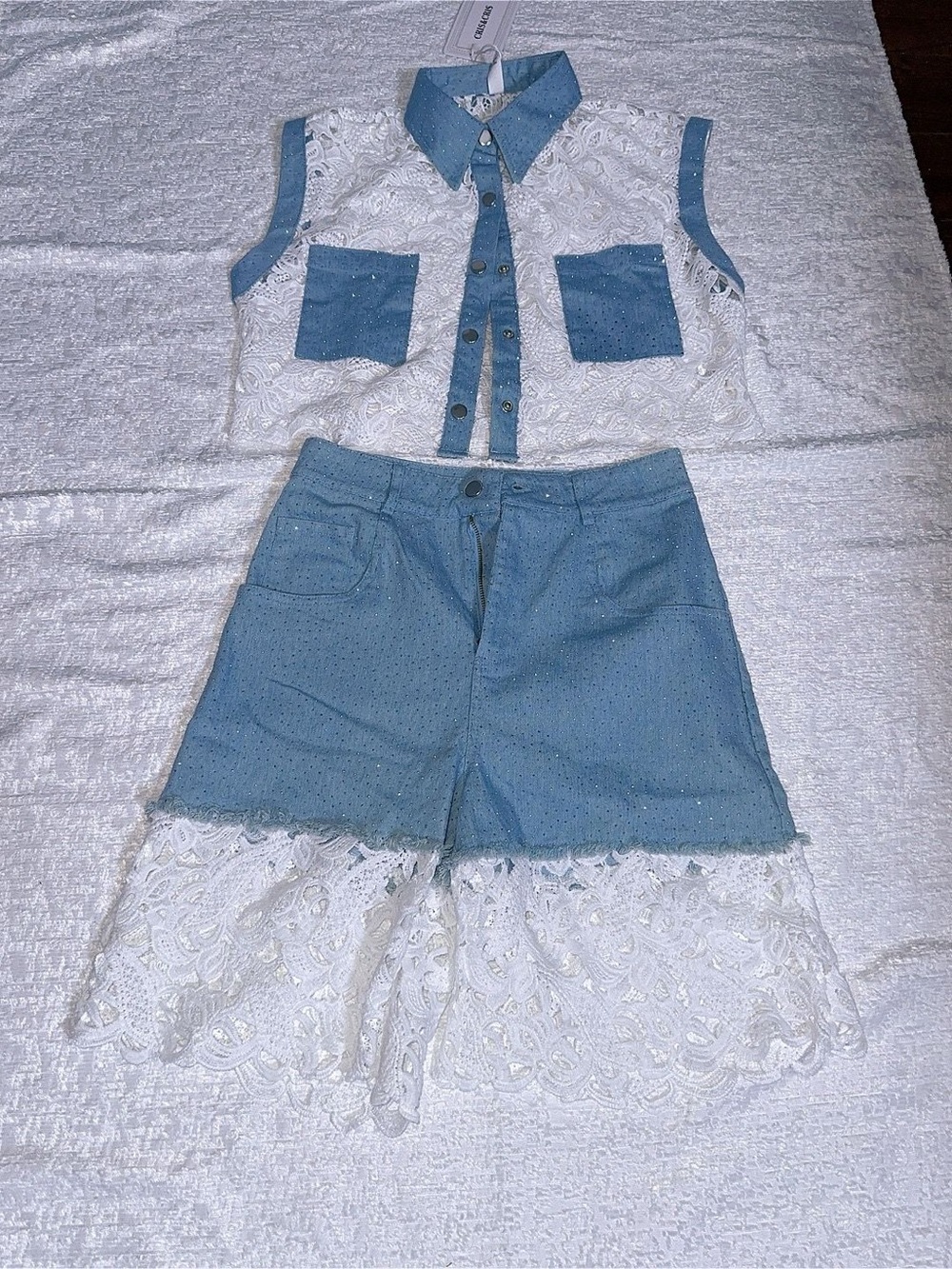 Sleeveless White Lace & Light Blue Denim Shorts Set